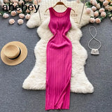 Knit Sexy Strap Dress Women Tank Elatic Waist Bodycon Sundress Female Beach Split Backless Long