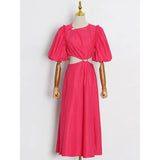 Solid Dress For Women Round Neck Short Sleeve High Waist Midi Dresses Female Korean Fashion Clothing Style New