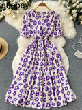 Sweet Floral Dresses Women V Neck Puff Sleeve Print Boho Beach Dress Summer Bohemian Print A-line Midi Dress