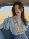 Toloer Spring And Summer New Small Shirt French Single Special Top Design Small Smell Blue Printed