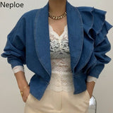 Fall 2023 Women Clothing Cropped Denim Jacket Vintage Turn-down Collar Puff Sleeve Ruffles Crop Tops Korean Jean
