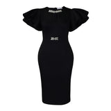 Summer Round Collar Lotus Sleeves Nailed Diamond Bag Hip Dress Party Party Emptiness