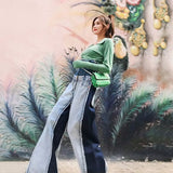 Casual Denim Patchwork Women Trousers High Waist Hit Color Large Size Wide Leg Pants Female Fashion Autumn 2023