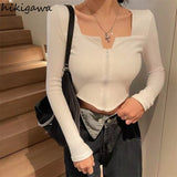Blusas Mujer De Moda Crop Tops Korean Y2k Clothing Square Collar Long Sleeve Zipper T-shirts Women Sexy Fashion
