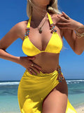 2023 New Bright Diamond Solid Color Long Dress Mesh Three-Piece Swimsuit