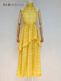 Casual Plaid Dress For Women Turtleneck Sleeveless High Waist Mid A Line Dresses Female 2021 Summer Fashion