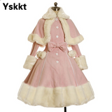 Yskkt Women Lolita Autumn Coat Warm Fur Collar Bowknot Dress Jacket Fashion Sweet Princess Breasted Overcoat Halloween