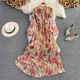 Spring Autumn Bohemian Women Tie Dye Printed Pleated Long Dress Boho Stand Collar Puff Sleeve High Waist Draped Maxi Vestido