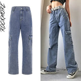 Rockmore Brown Vintage Baggy Jeans Women 90s Streetwear Pockets Wide Leg Cargo Pants Low Waist Straight Denim Trousers