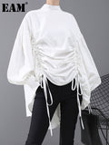 Women Back Long Drawstring Big Size Blouse New Satnd Collar Long Sleeve Loose Fit Shirt Fashion Spring Autumn 2023