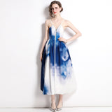 Zipper Patchwork Casual Dress 2022 Women Sexy V-Neck Spaghetti Strap Print High Waist Big Swing Midi Dresses
