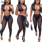 3 Pieces Set Bandage Lace Up Halter Crop Top Sheer Mesh Pants set Party Night Club Outfits Streetwear See Through