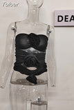 Fashion Women's Vest Slash Neck Sleeveless Spliced Appliques Hollow Out Pleated Solid Color Tops Summer 2023 New
