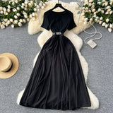 Summer Senior Round-Neck Short-Sleeved Dress, Tie, Waist Splicing, Elegant Large Hem
