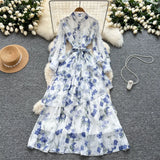 Dress Women 2025 New Fashion Collar Single Buckle Waist Lace Splicing Lotle Side Print
