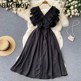 Loose Dress For Women V Neck Sleeveless High Waist Ruffle Trim Solid Midi Dresses Female Clothing Style