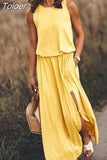 Summer Women Loose Sleeveless Long Dress Solid Color O Neck Slit Vestidos Midi Elegante Branco Office Lady