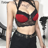 Y2K Mall Goth Crop Tops Black Lace Trim Emo Alternative Aesthetic Crop Tops Women Backless Sexy Stripe Tanks Gothic