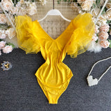 Women Ruffles Flying Sleeve Bodysuits 2022 Summer Fashion High Waist V Neck Casual Romper White Yellow
